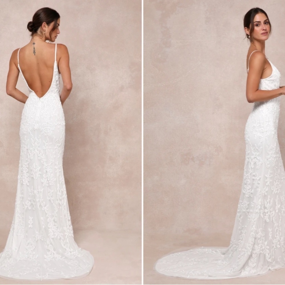 LULUS Bridal Wedding Elegant Sophisticated STUNNING Beaded Mermaid Gown - Picture 6 of 6
